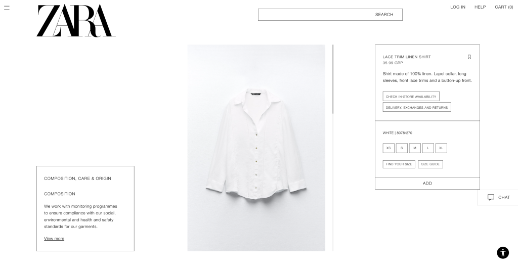 Zara product page with minimal design