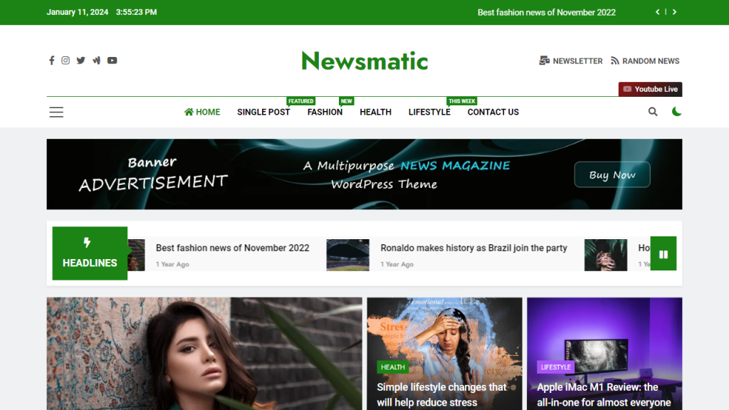 Newsmatic is One of the best free magazine WordPress themes